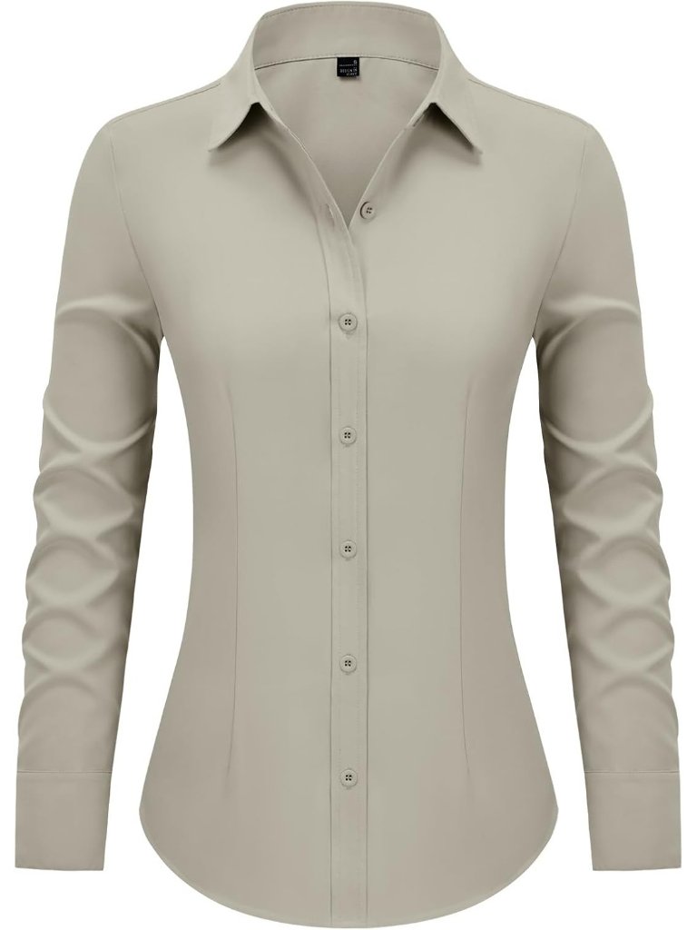 Women's Khaki Grey Long Sleeve Button Down Shirt Collared Dress Wrinkle Free Top